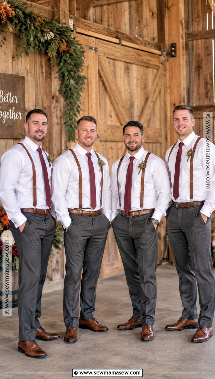 Gray Trousers and Brown Suspenders Groomsmen Attire - 15 groomsmen attire casual fall ideas