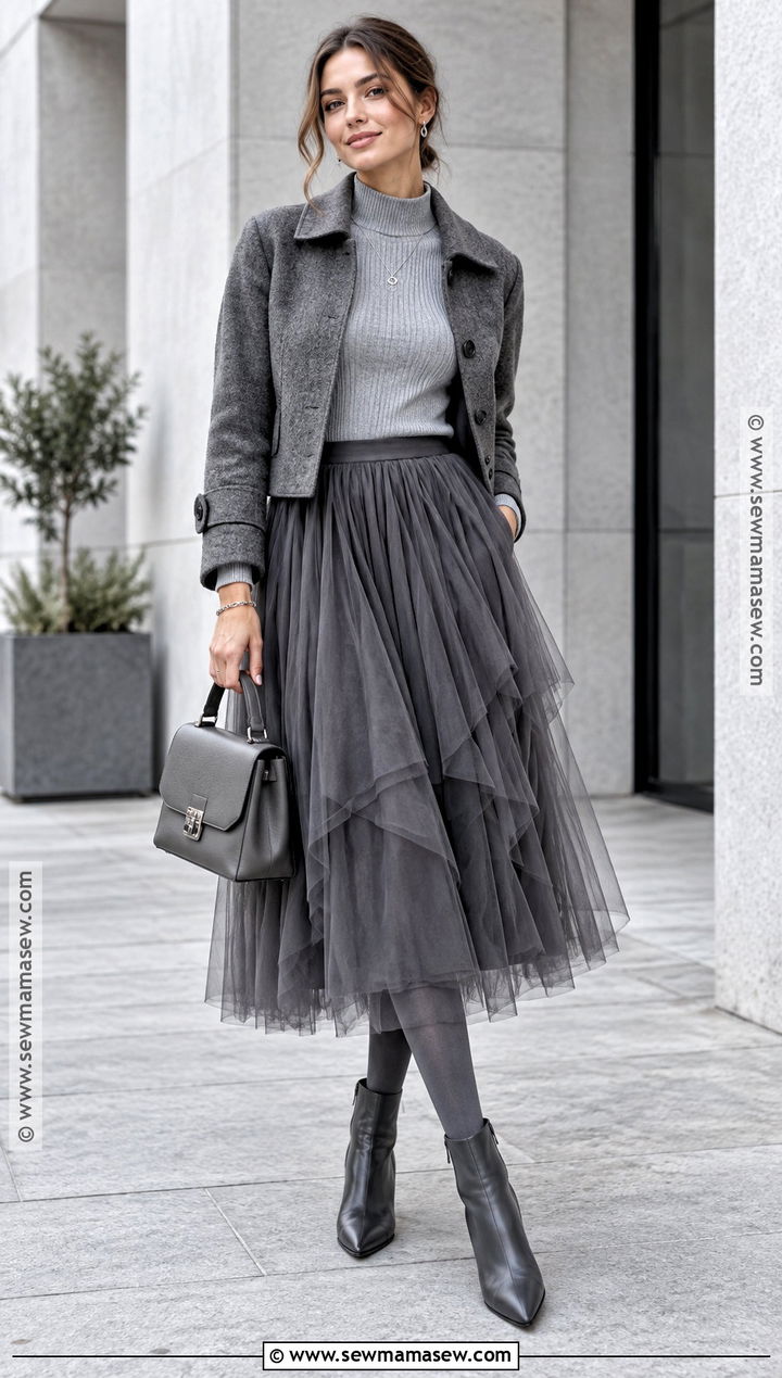 Gray Tulle Skirt With Monochrome Layers - 15 tulle skirt fall outfit ideas