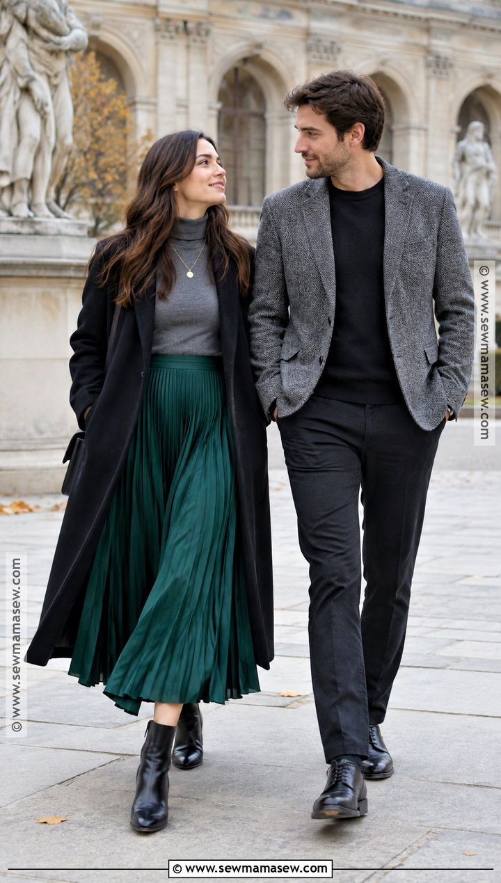Gray Turtleneck And Pleated Midi Skirt - 20 november engagement pictures outfit ideas