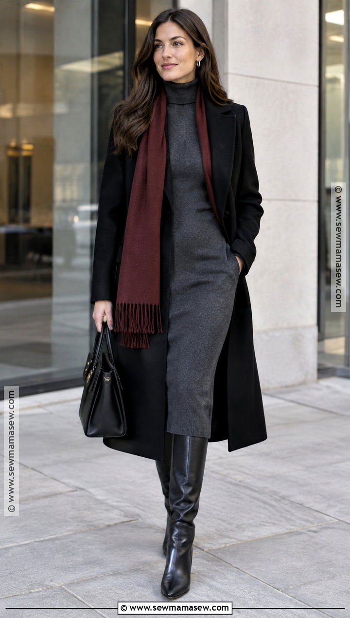 Gray Turtleneck Dress And Black Boots - 20 fall dress and boots outfit