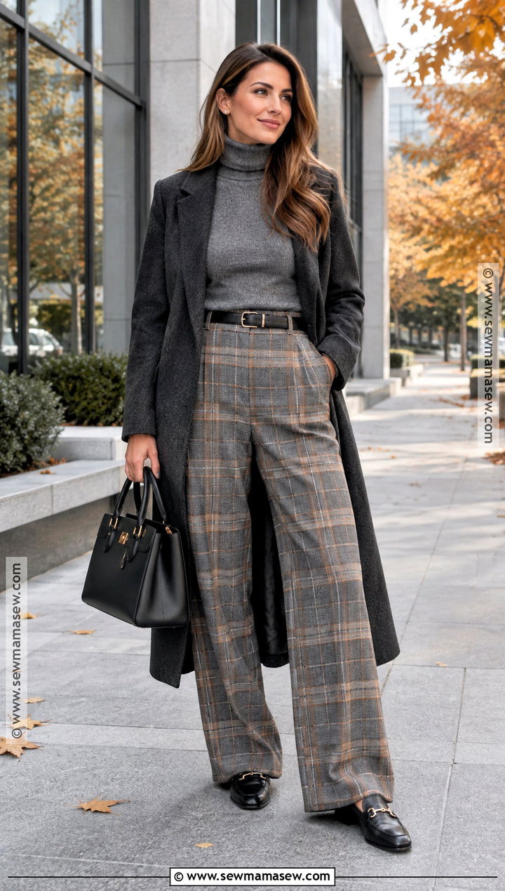 Gray Turtleneck With Plaid Trousers - 15 Gray Cozy Fall Fashion Ideas