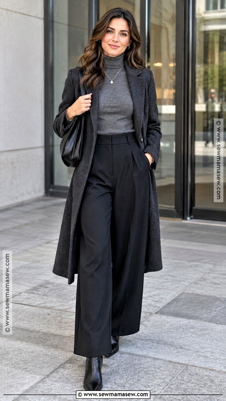 Gray Turtleneck and Black Wide Leg Pants Outfit - 20 Neutral Fall Outfits for Women