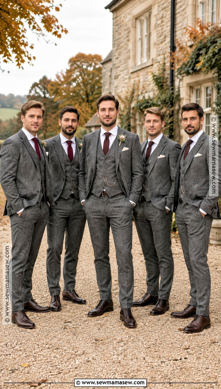Gray Tweed Groomsmen Suits With Knit Ties - 15 groomsmen attire autumn wedding ideas