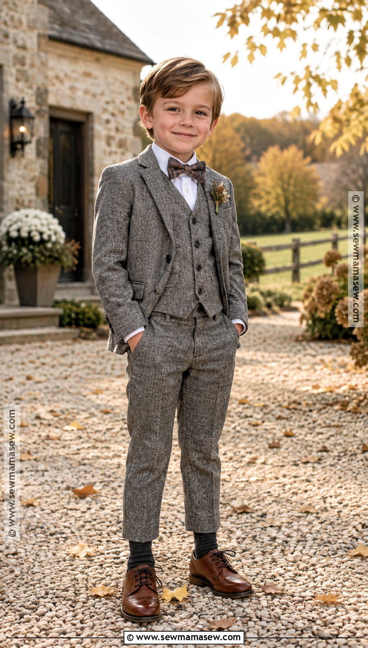 Gray Tweed Ring Bearer Suit With Brown Shoes - 15 ring bearer outfit fall wedding ideas