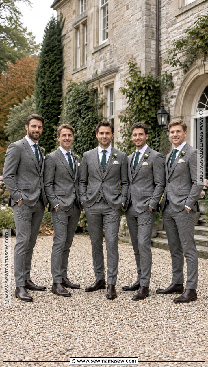 Gray Tweed Suit With Forest Green Tie Groomsmen Attire - 15 country fall wedding groomsmen attire ideas