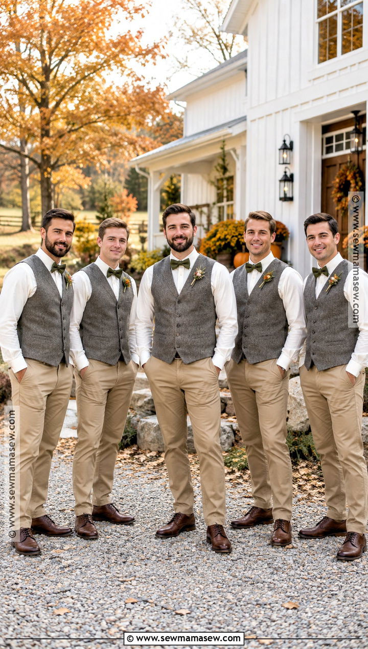 Gray Tweed Vest And Khaki Trousers Groomsmen Attire - 15 fall wedding groomsmen attire rustic ideas