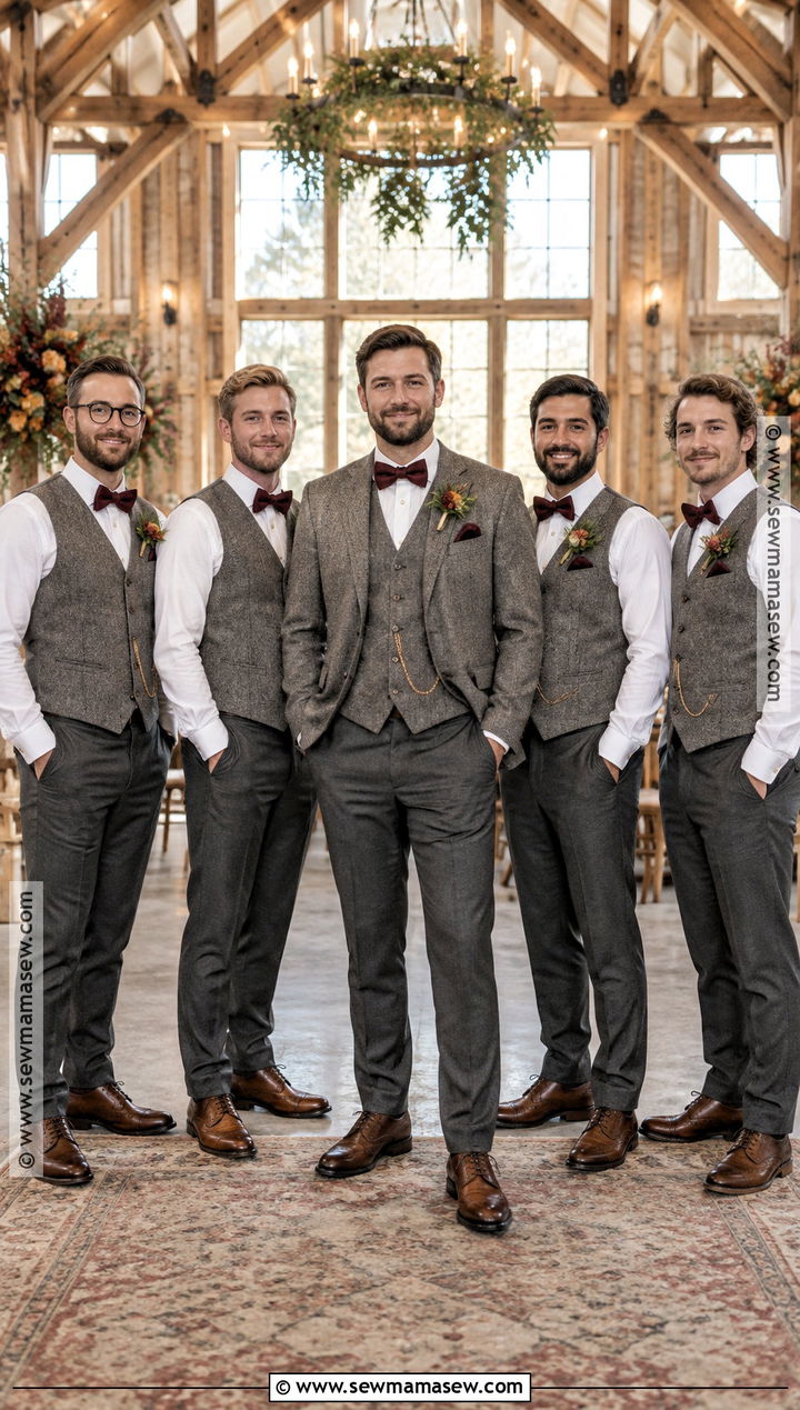 Gray Tweed Vest With Dark Trousers - 20 fall groomsmen attire rustic ideas