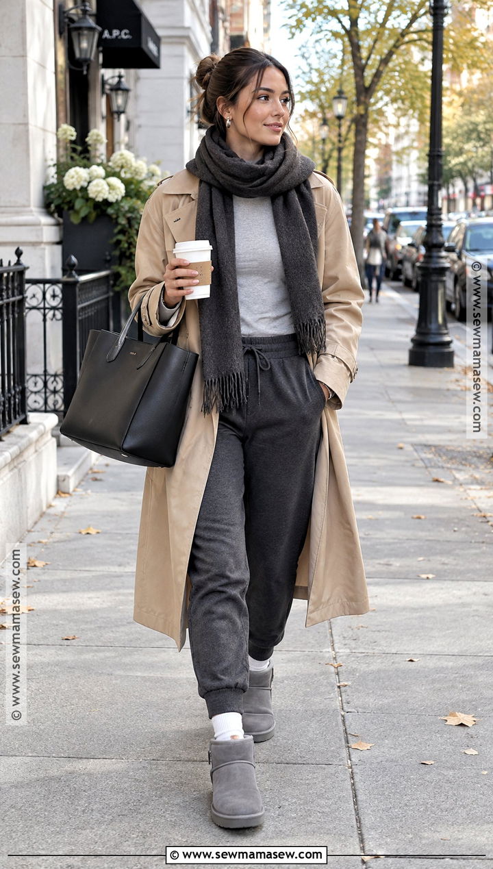 Gray UGG Boots With Joggers And Trench Coat - 15 ugg boots outfit fall