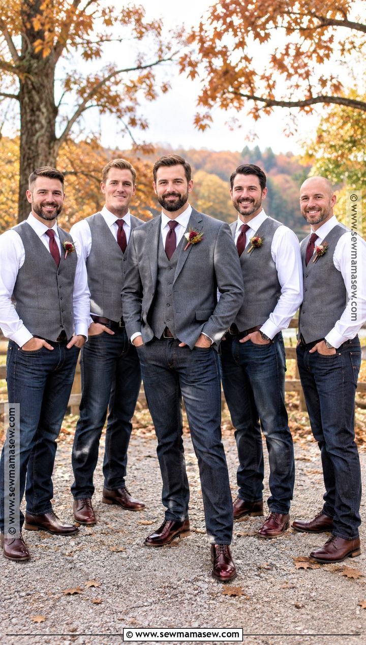 Gray Vest Groomsmen Outfit With Indigo Jeans - 15 fall wedding groomsmen attire jeans