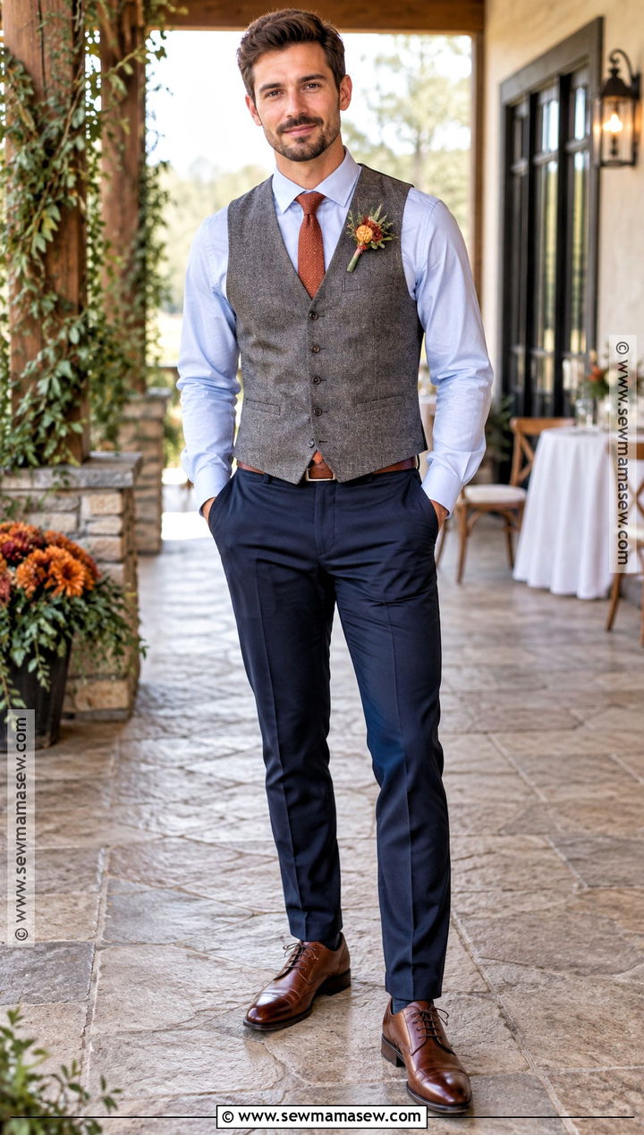 Gray Waistcoat With Rolled Sleeve Shirt - 15 fall casual groom attire ideas