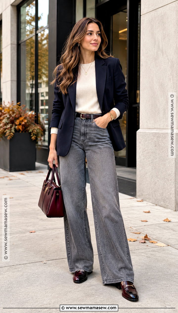 Gray Wide Leg Jeans With Navy Blazer And Loafers - 20 wide leg jeans fall outfit