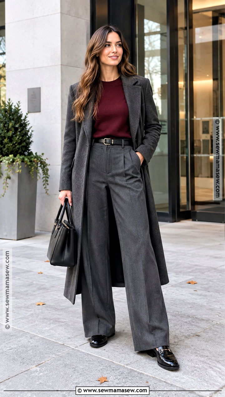 Gray Wide Leg Pants With Burgundy Sweater - 20 wide leg pants outfit fall