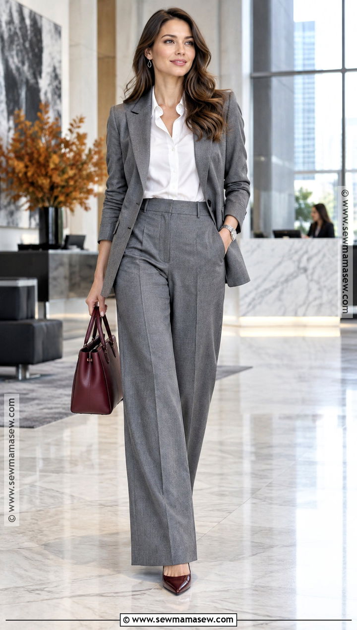 Gray Wide Leg Suit With White Blouse - 20 Business Professional Outfits Fall