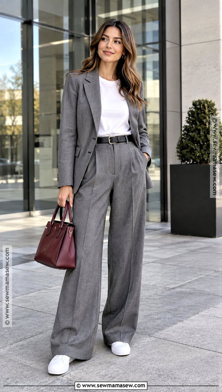Gray Wide Leg Trousers With Blazer And White T Shirt - 15 wide leg trousers fall outfit ideas