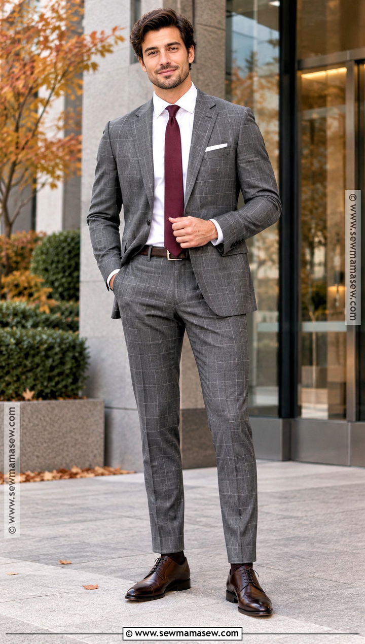 Gray Windowpane Suit With Burgundy Tie - 15 Formal Mens Fall Fashion Ideas