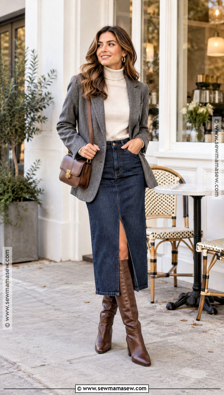 Gray Wool Blazer With a Denim Midi Skirt - 15 Gray Wool Blazer Fall Fashion Ideas