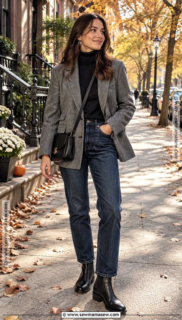 Gray Wool Blazer With a Turtleneck and Jeans - 15 Gray Wool Blazer Fall Fashion Ideas