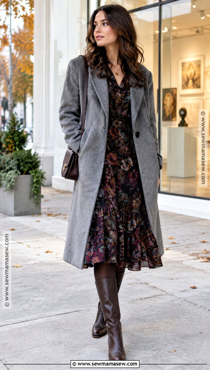 Gray Wool Coat With Floral Midi Dress And Boots - 15 gray wool coat fall fashion ideas