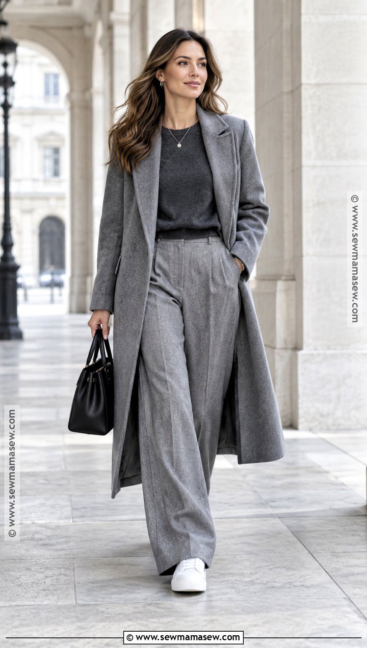 Gray Wool Coat With Gray Knit And Trousers - 15 gray wool coat fall fashion ideas
