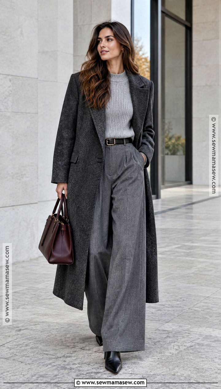 Gray Wool Coat With Monochrome Layers - 25 autumn coat outfit ideas