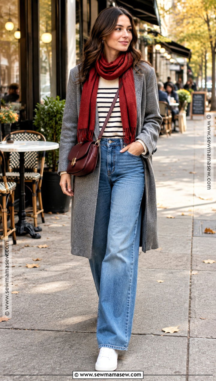 Gray Wool Coat With Striped Top And Wide Leg Jeans - 15 gray wool coat fall fashion ideas