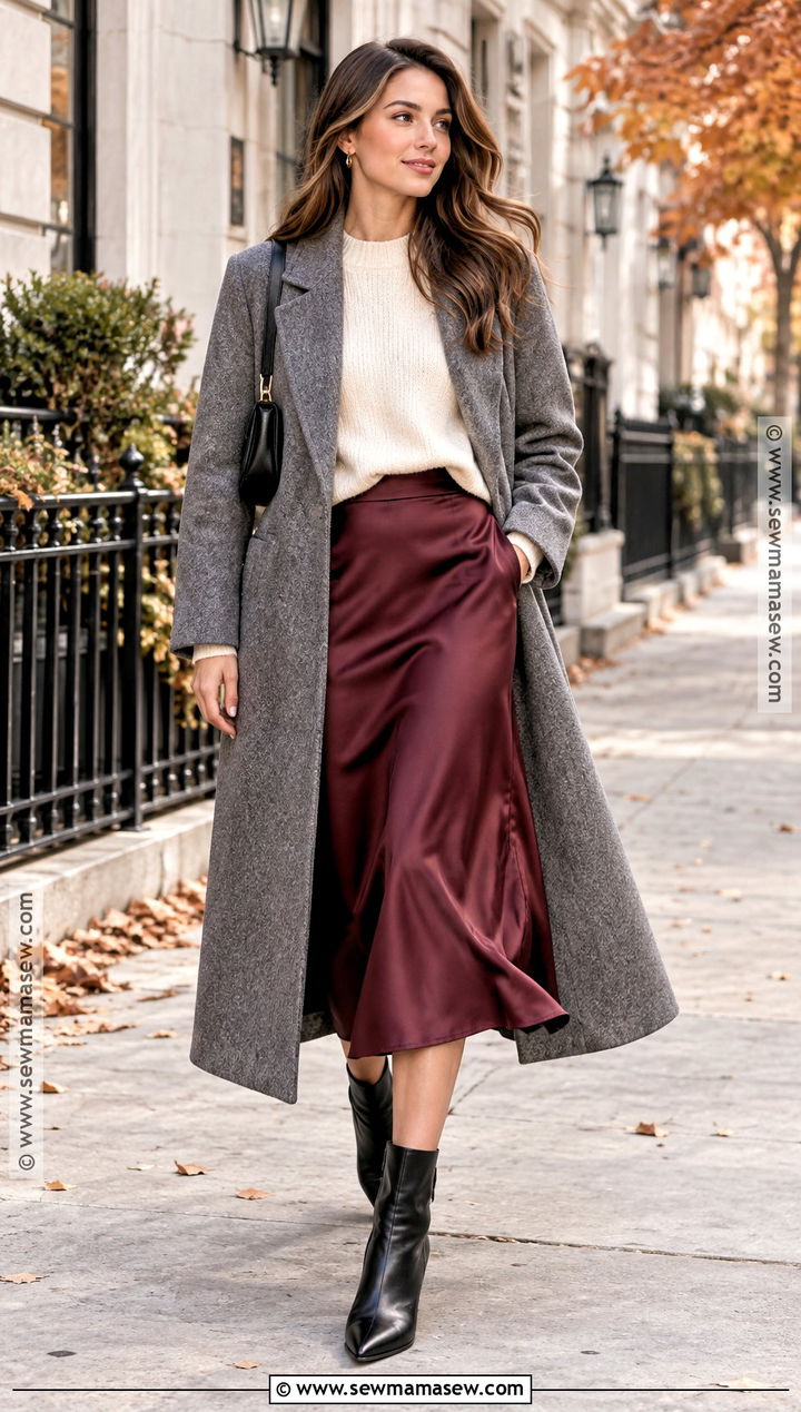Gray Wool Coat With Sweater And Satin Skirt - 15 gray wool coat fall fashion ideas