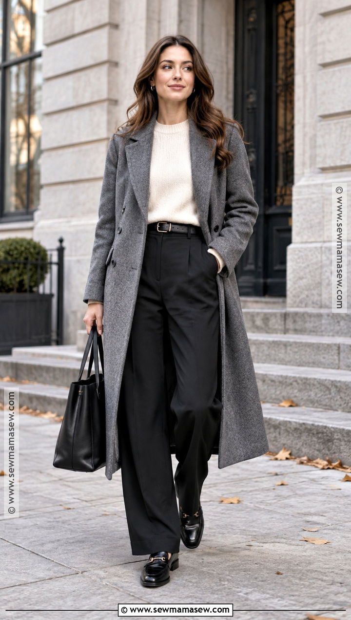 Gray Wool Coat With Wide Leg Trousers - 15 autumn coat ideas for women 2026