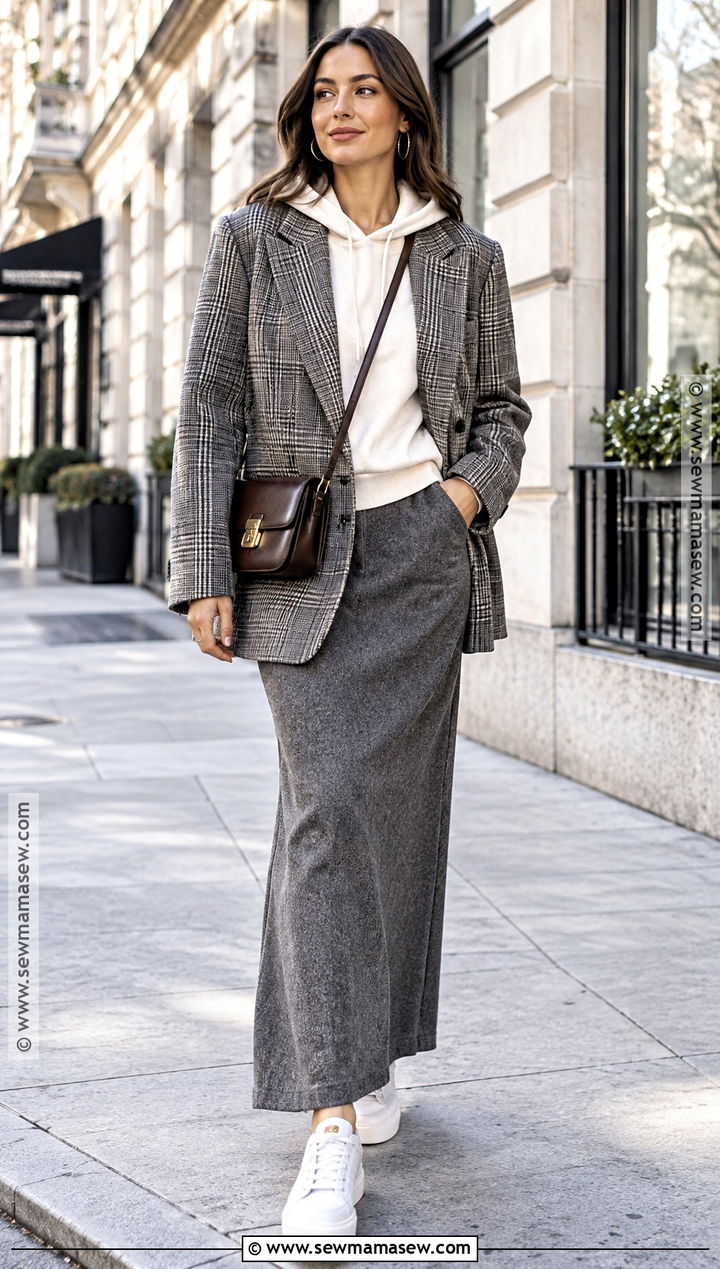 Gray Wool Maxi Skirt With Hoodie And Blazer - 25 maxi skirt fall outfit ideas