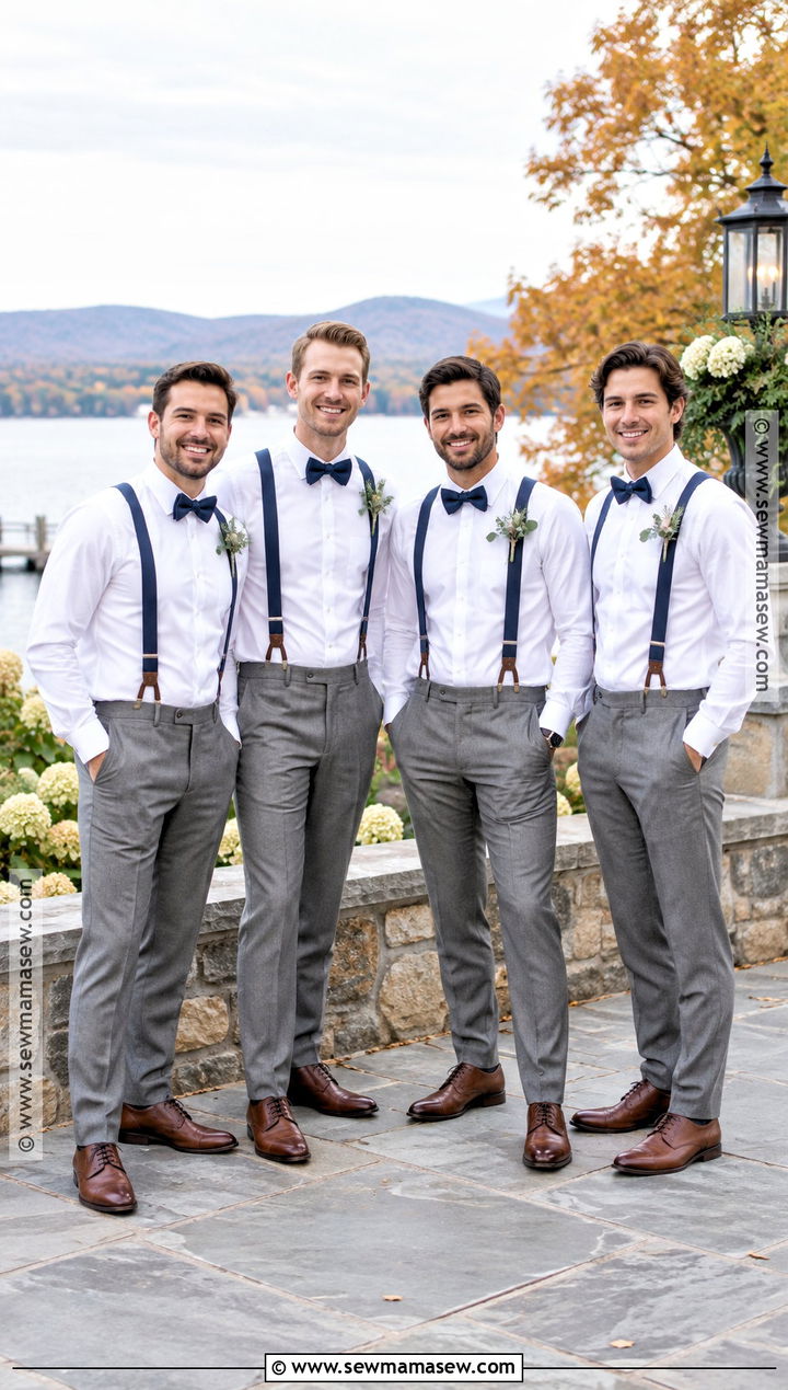 Gray Wool Trousers With Navy Suspenders - 15 fall groomsmen attire suspenders ideas