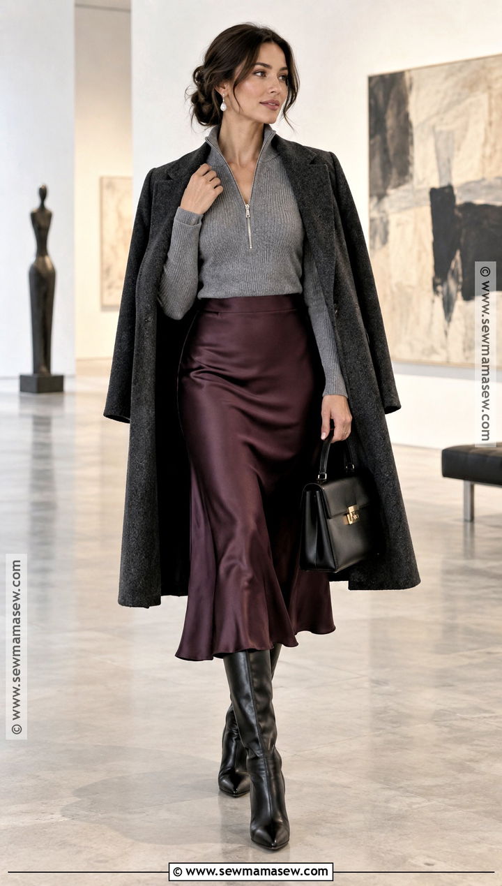 Gray Zip Up Sweater With Satin Midi Skirt - 15 Fall Zip Up Sweater Ideas