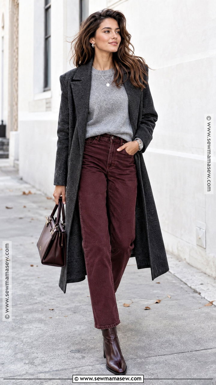 Gray and Burgundy Jeans Outfit - 20 Fall Color Combinations Outfit Ideas