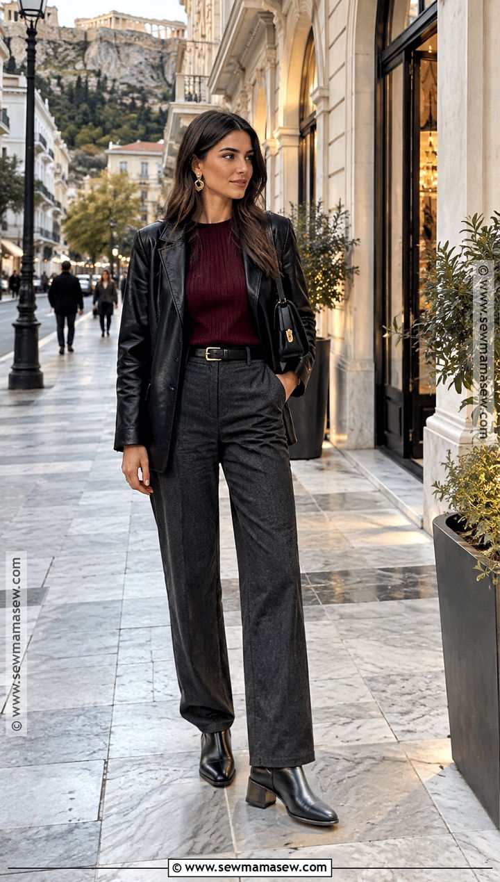 Greece Evening Outfit With Leather Jacket And Trousers - 20 greece in november outfits
