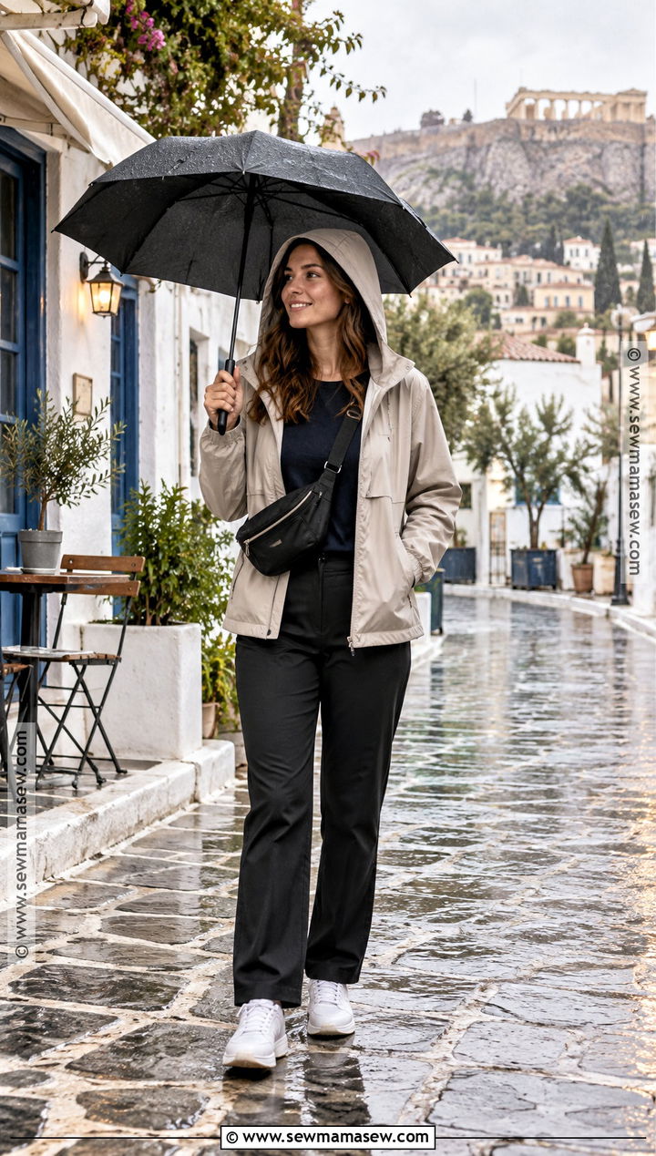 Greece Fall Rain Jacket And Straight Leg Pants Outfit - 15 greece fall outfit ideas
