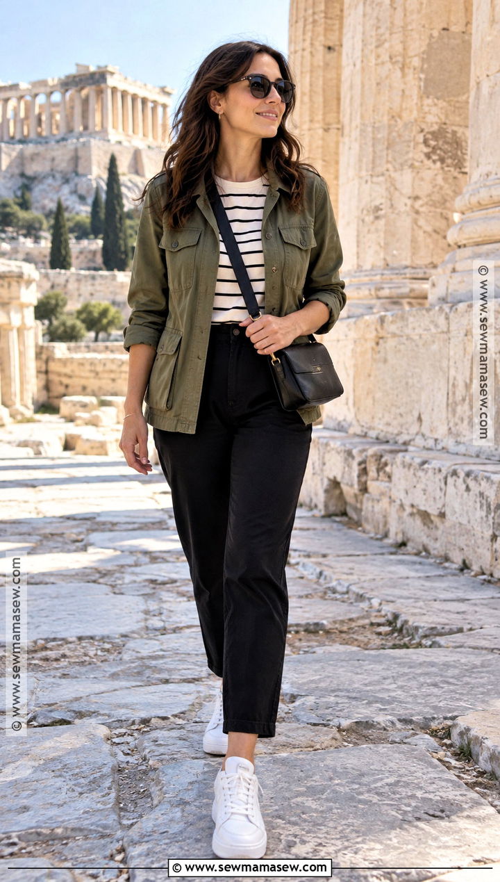 Greece Fall Utility Jacket And Black Pants Outfit - 15 greece fall outfit ideas