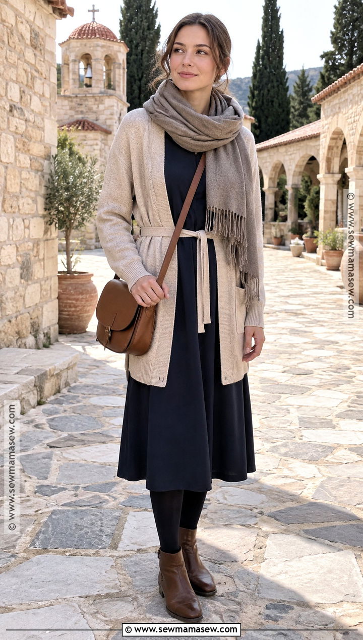 Greece Monastery Outfit With Midi Dress And Cardigan - 20 greece in november outfits