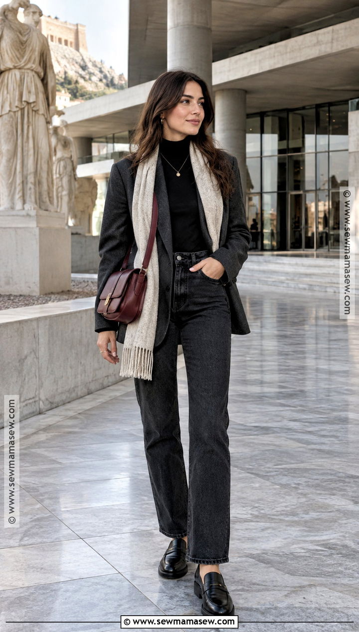 Greece Museum Outfit With Blazer And Dark Jeans - 20 greece in november outfits
