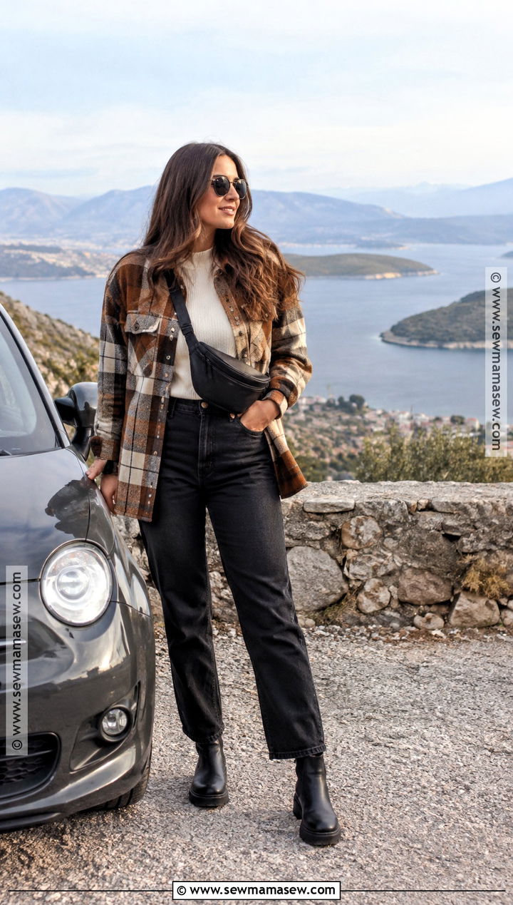 Greece Road Trip Outfit With Shacket And Black Jeans - 20 greece in november outfits