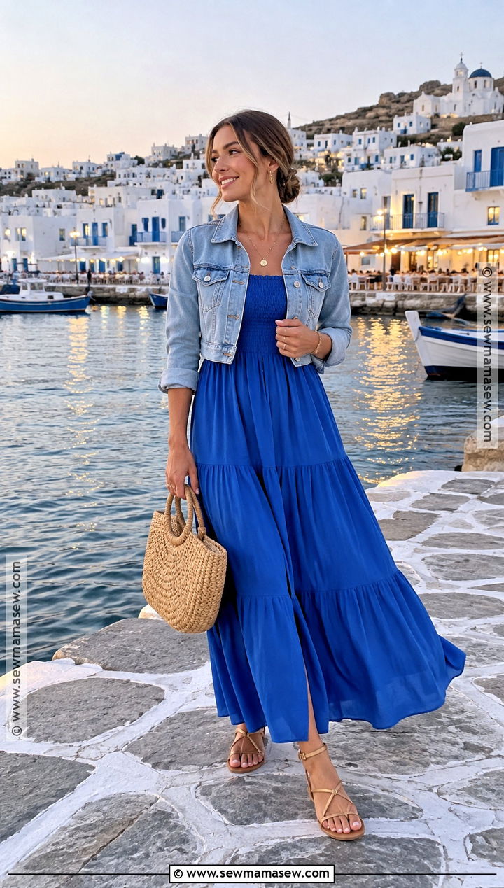Greece September Maxi Dress And Denim Jacket Outfit - 15 greece september outfits