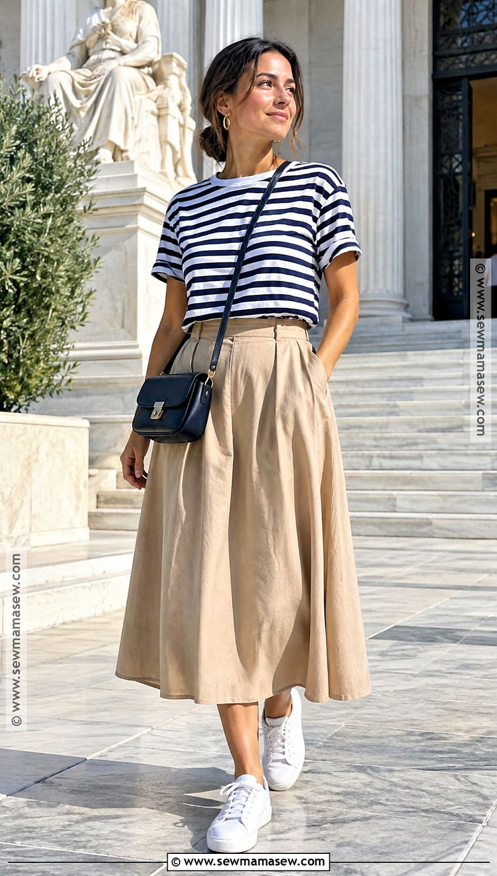 Greece September Striped T Shirt And Midi Skirt Outfit - 15 greece september outfits