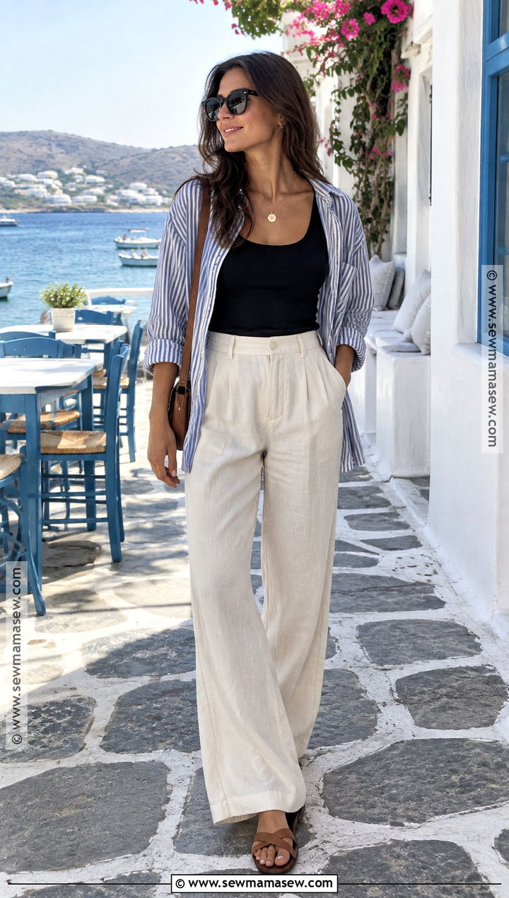 Greece September Tank Top And Linen Pants Outfit - 15 greece september outfits