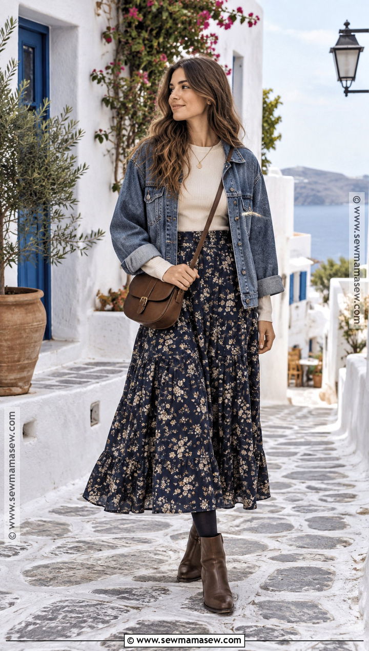 Greek Island November Outfit With Denim Jacket And Maxi Skirt - 20 greece in november outfits