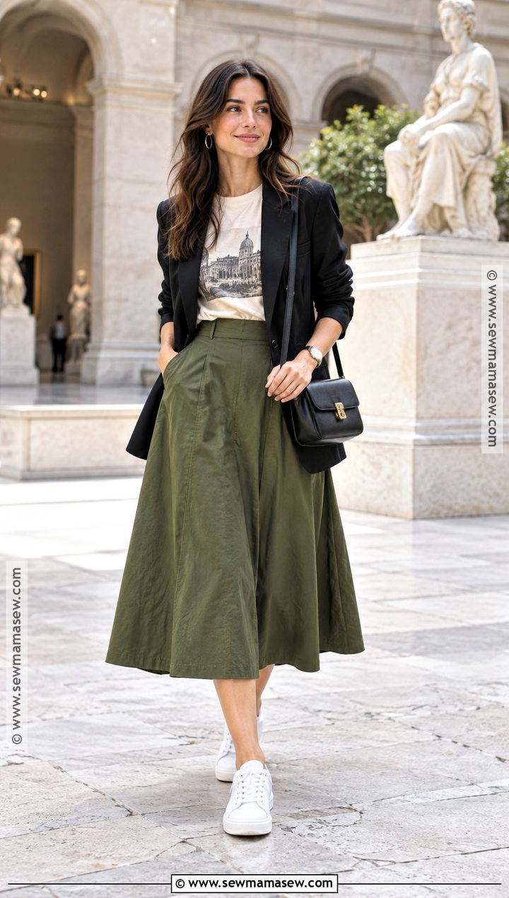 Green A Line Skirt With Graphic Tee And Blazer - 20 green skirt outfit fall ideas