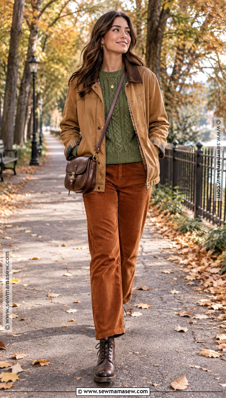 Green Cable Knit Sweater With Corduroy Pants - 15 Cozy Green Sweater Fall Ideas