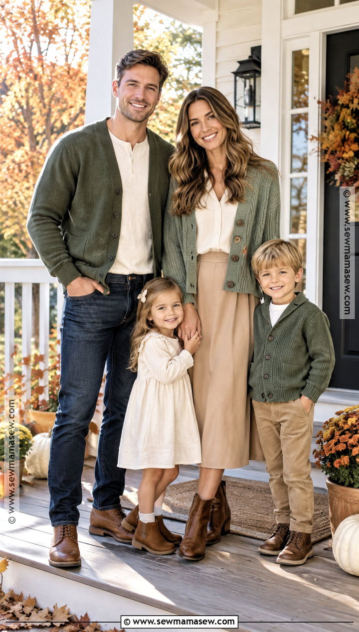 Green Cardigan And Cream Family Photo Outfit - 15 fall photoshoot outfits family green