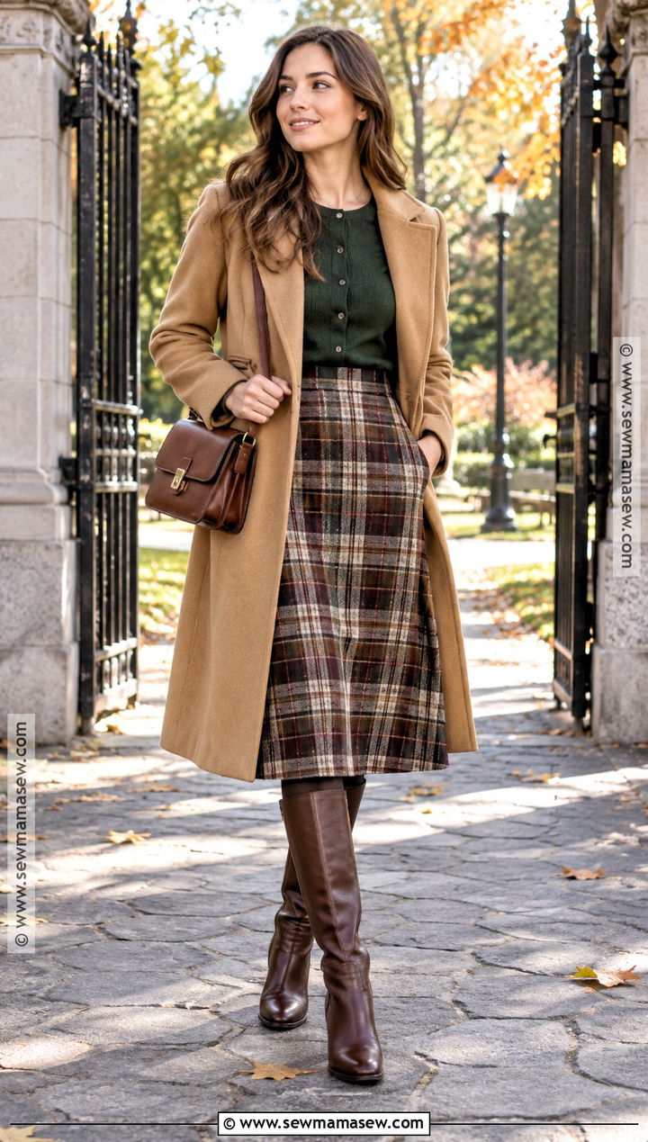 Green Cardigan With Plaid Midi Skirt - 15 Autumn Green Knitwear Ideas