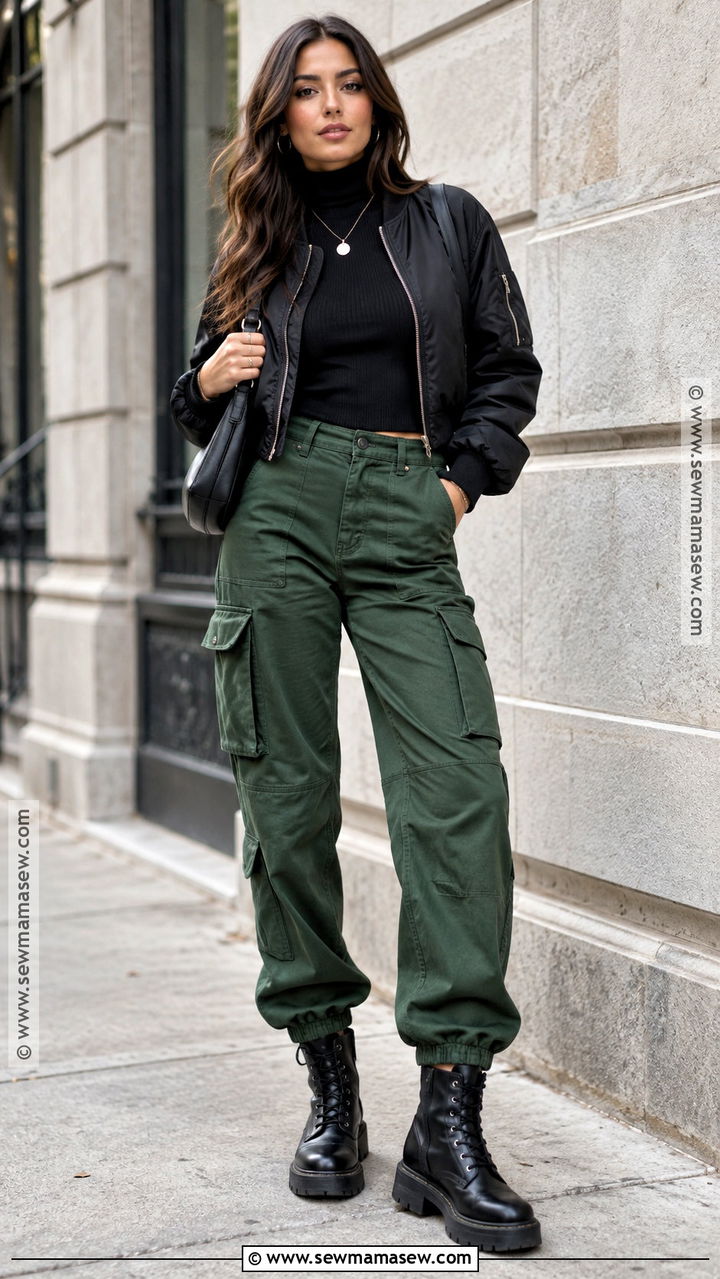 Green Cargo Pants With Black Turtleneck And Combat Boots - 20 fall cargo pants outfit for women