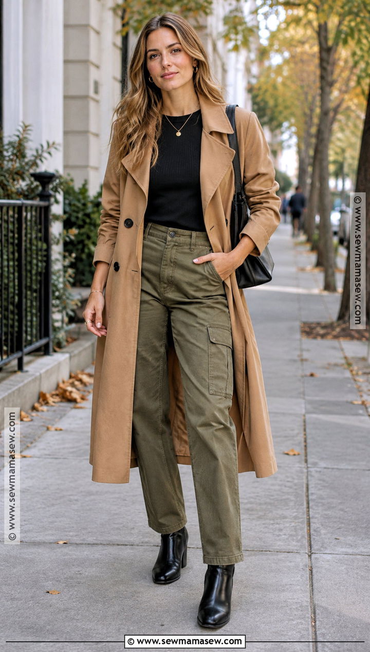 Green Cargo Pants With Camel Trench Coat - 20 green cargo pants outfit fall