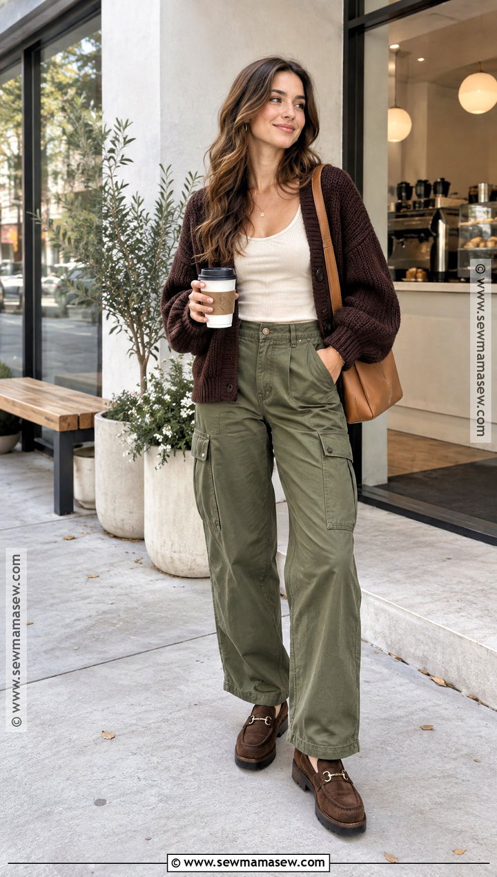 Green Cargo Pants With Chocolate Brown Cardigan - 20 green cargo pants outfit fall