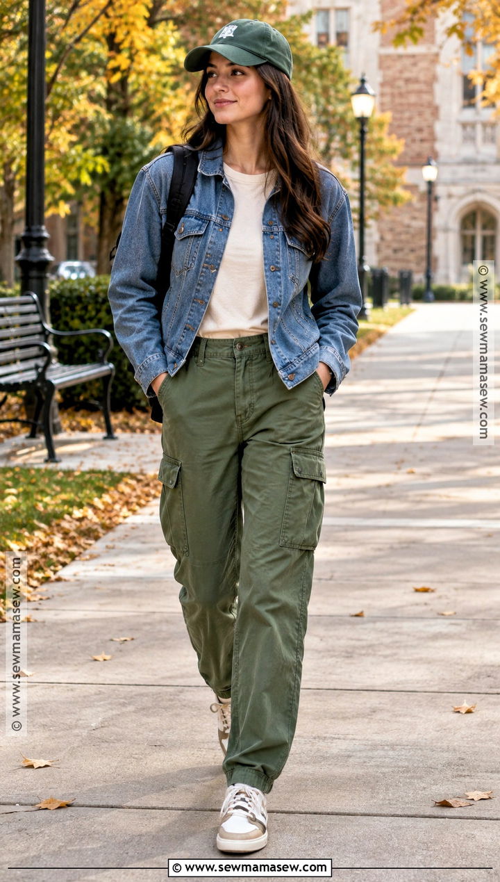 Green Cargo Pants With Denim Jacket - 20 back to school outfits cargo pants