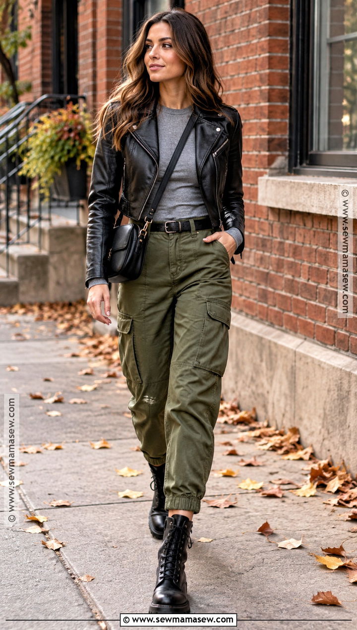 Green Cargo Pants With Leather Jacket And Combat Boots - 15 cargo pant fall outfit ideas
